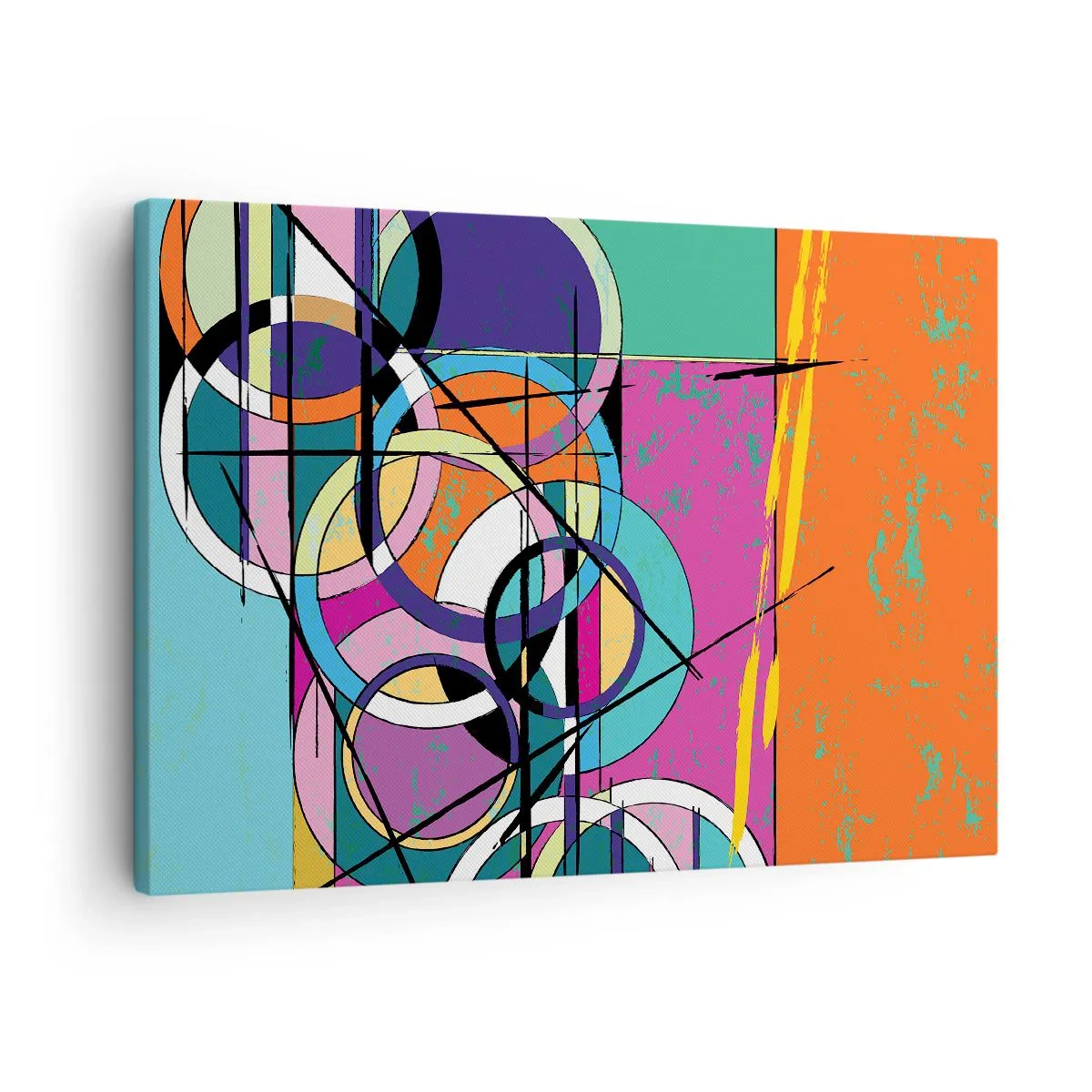 Tablou pe pânză Canvas - Abstracție colorată cu cercuri geometrice - 70x50cm - Roată cu roată - Decorațiune modernă pentru perete pentru living și dormitor ARTTOR