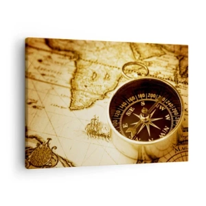 Tablou pe pânză Canvas - O busolă antică pe fundalul unei hărți vechi a lumii - 70x50cm - Est sau vest? - Decorațiune modernă pentru perete pentru living și dormitor ARTTOR