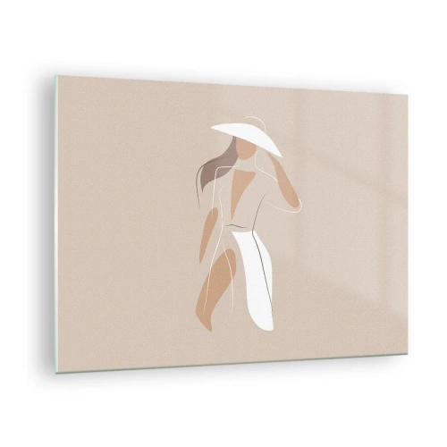 Tablou pe sticlă - Figură stilizată a unei femei cu o pălărie albă - 70x50cm - Moda este distractivă - Decorațiune modernă pentru perete pentru living și dormitor ARTTOR