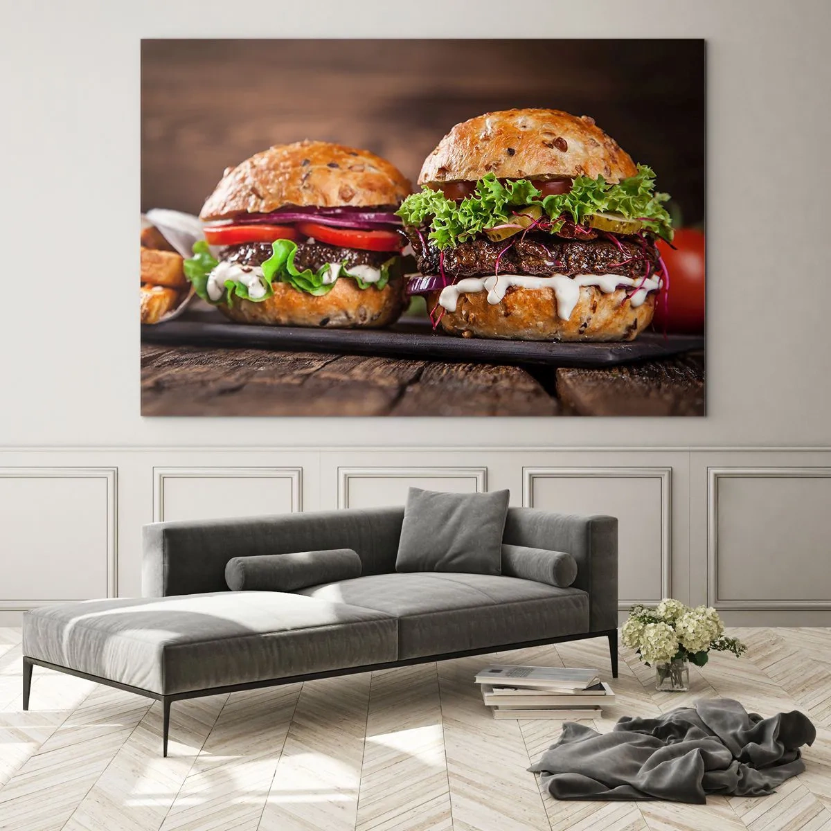 Tablou pe sticlă - Burgeri apetisanți cu legume și sos - 70x50cm - American dream - Decorațiune modernă pentru perete pentru living și dormitor ARTTOR
