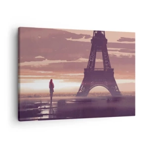 Tablou pe pânză Canvas - O figură privind Turnul Eiffel în lumina soarelui care apune - 70x50cm - Doar ele două - Decorațiune modernă pentru perete pentru living și dormitor ARTTOR