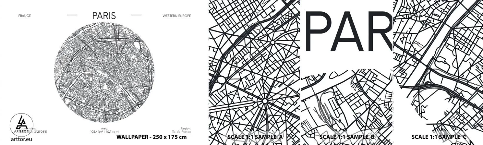 Mostră tapet autocolant Deluxe Sticker - Anatomia Parisului - Hartă, Paris, Franţa - 100x30 cm