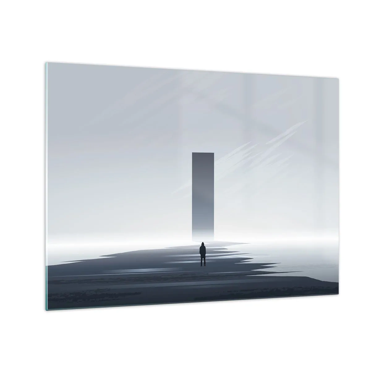 Tablou pe sticlă - Un peisaj minimalist cu o figură și un monolit în depărtare. - 70x50cm - Oportunitate sau amenințare? - Decorațiune modernă pentru perete pentru living și dormitor ARTTOR