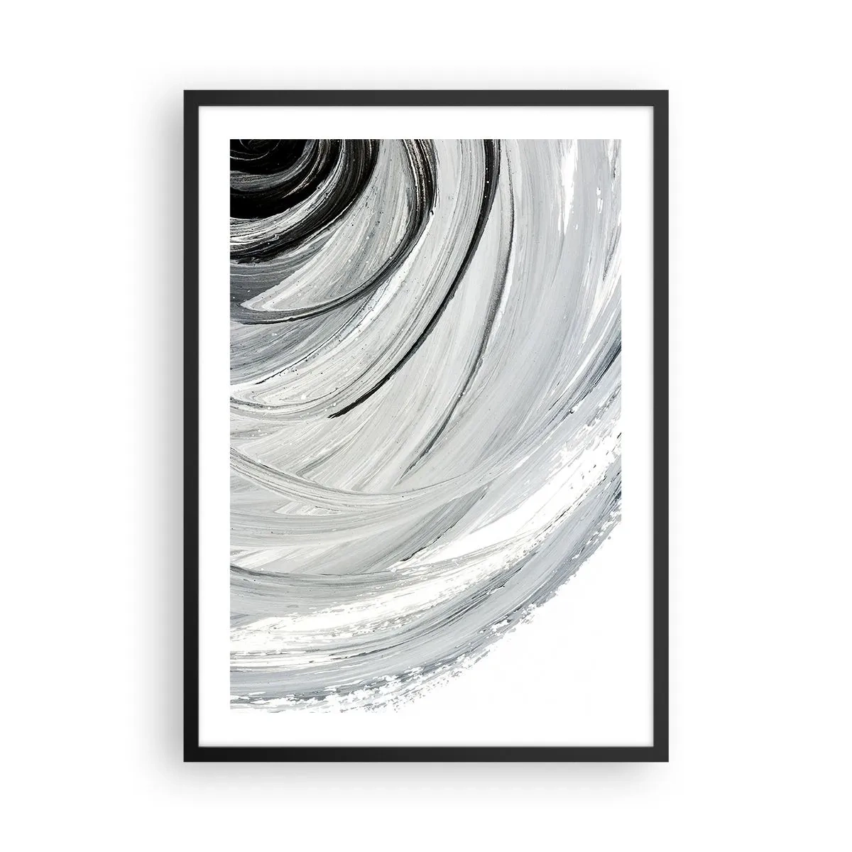 Poster în ramă neagră - Abstracție dinamică în nuanțe de negru, alb și gri - 50x70cm - Compoziție orbitală - Decorațiune modernă pentru perete pentru living și dormitor ARTTOR