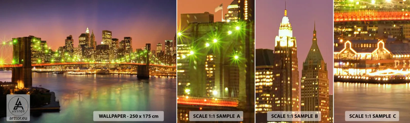 Mostră de Tapet Standard Eco - Lumina nu se stinge niciodată aici - Oraș, New York, Podul Brooklyn - 100x30 cm