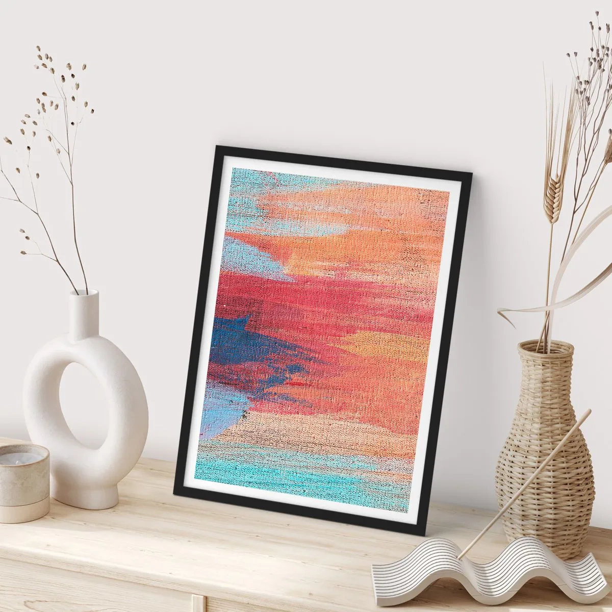 Poster în ramă neagră - Tușe de vopsea abstractă în tonuri calde și reci - 50x70cm - Plutind prin curcubeu - Decorațiune modernă pentru perete pentru living și dormitor ARTTOR
