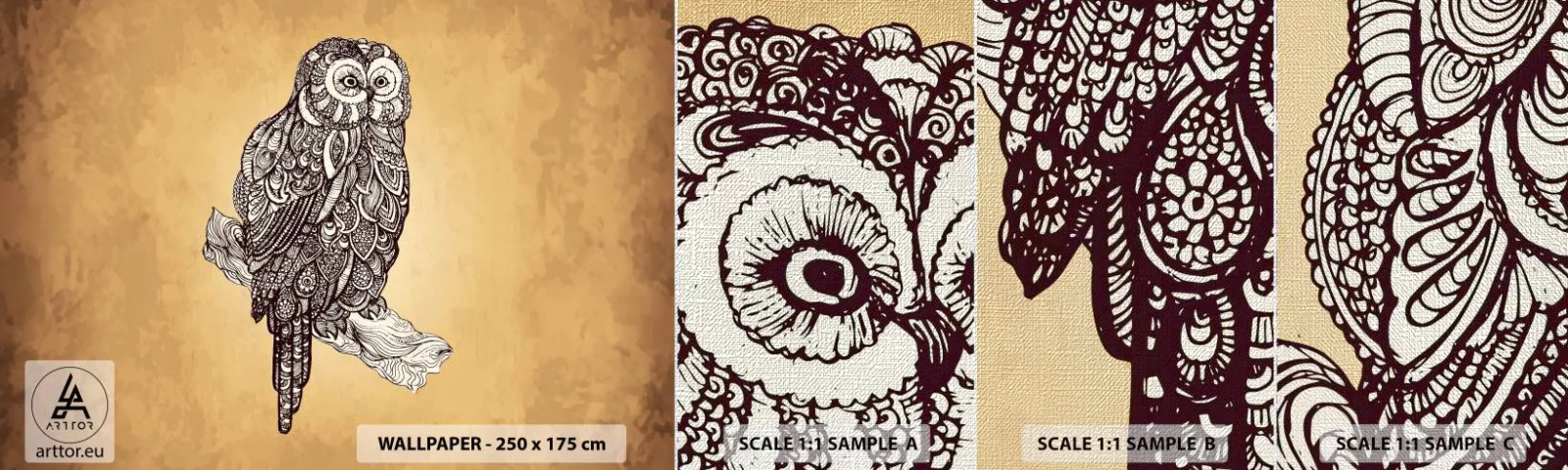 Mostră tapet Premium Canvas - Ornamente complicate de înțelepciune - Bufniţă, Pasăre, Animal - 100x30 cm