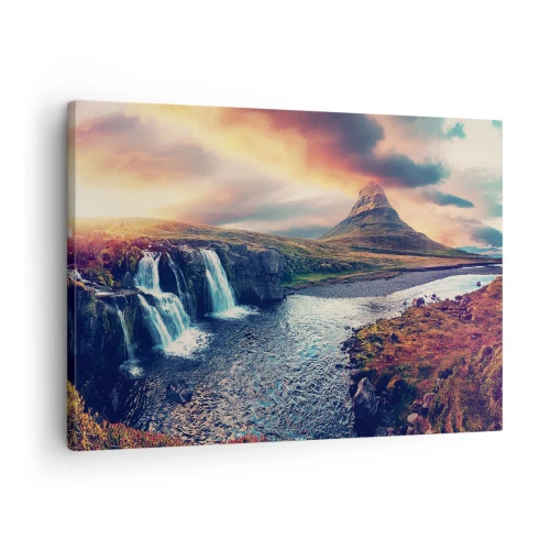 Tablou pe pânză Canvas - Vedere a cascadei și a muntelui în lumina soarelui care apune - 70x50cm - În măreția naturii - Decorațiune modernă pentru perete pentru living și dormitor ARTTOR