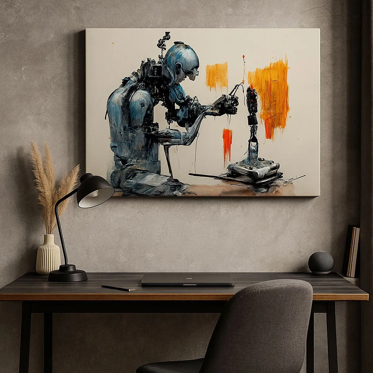 Tablou pe pânză Canvas - Robot la lucru cu fundal abstract - 70x50cm - Vine ziua de mâine..... - Decorațiune modernă pentru perete pentru living și dormitor ARTTOR