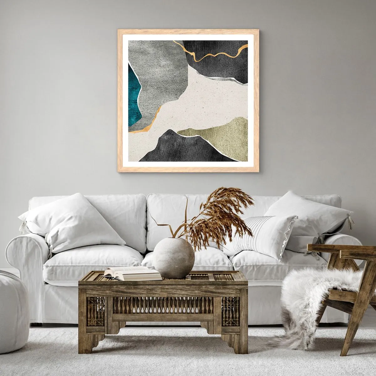 Poster în ramă de stejar deschis - Compoziție mozaic cu fir de aur - 60x60 cm