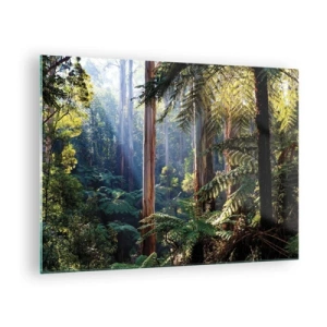 Tablou pe sticlă - Pădure tropicală verde cu raze de soare - 70x50cm - O poveste din pădure - Decorațiune modernă pentru perete pentru living și dormitor ARTTOR