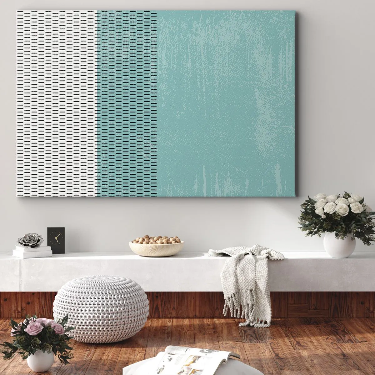Tablou pe pânză Canvas - Compoziție geometrică cu turcoaz și linii - 70x50cm - Compoziție echilibrată - Decorațiune modernă pentru perete pentru living și dormitor ARTTOR