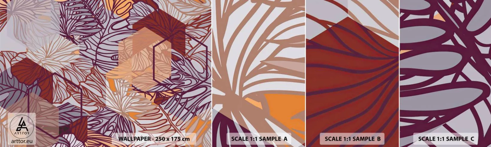 Mostră de Tapet Standard Eco - Relația imposibilă dintre geometrie și natură - Abstracția, Grafică, Frunze - 100x30 cm