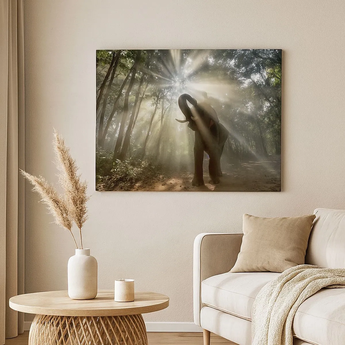 Tablou pe pânză Canvas - Un elefant în pădure, înconjurat de raze de lumină în ceața dimineții - 70x50cm - Sub o stea norocoasă - Decorațiune modernă pentru perete pentru living și dormitor ARTTOR