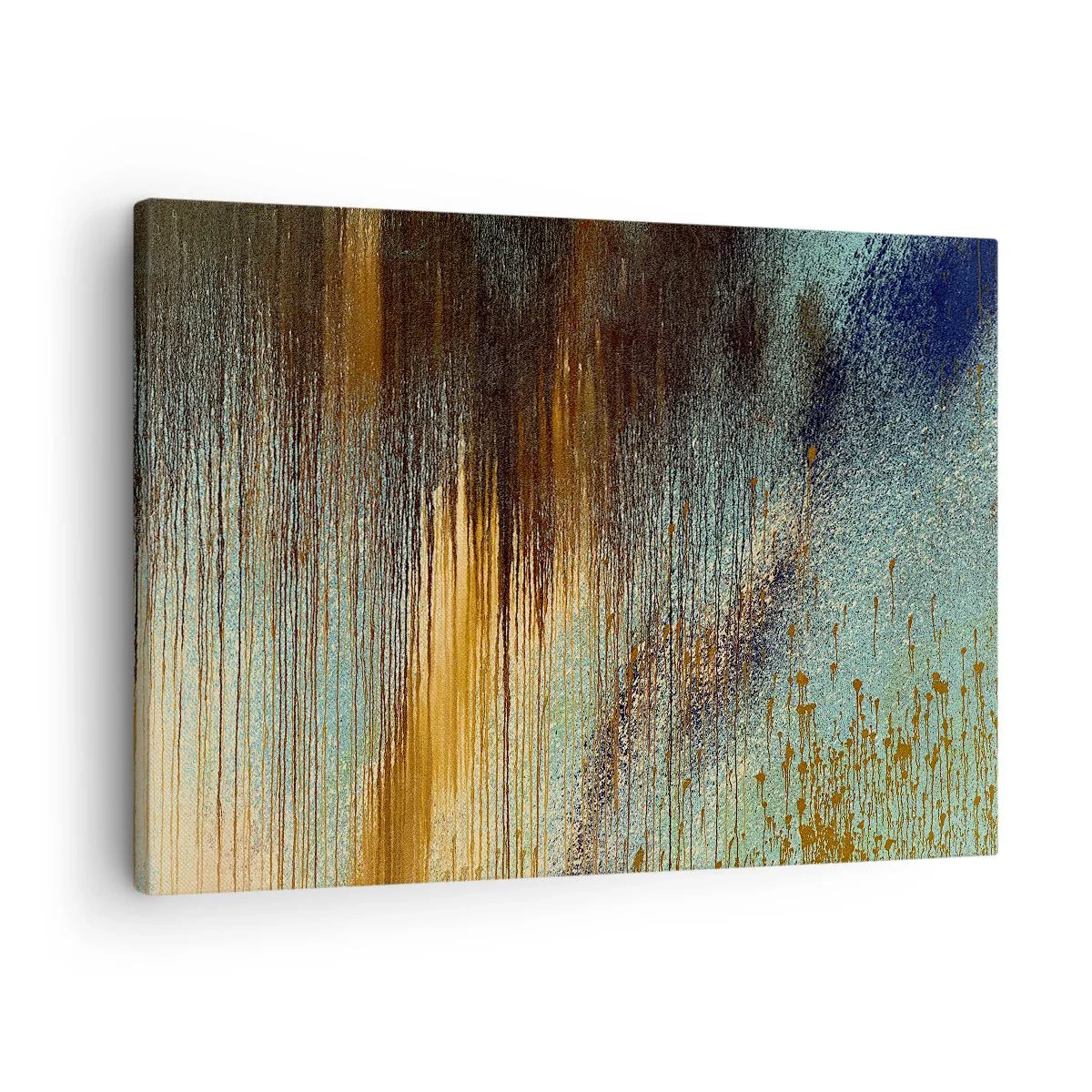 Tablou pe pânză Canvas - O compoziție abstractă de culori în nuanțe de auriu, maro și albastru. - 70x50cm - O compoziție cromatică neaccidentală - Decorațiune modernă pentru perete pentru living și dormitor ARTTOR