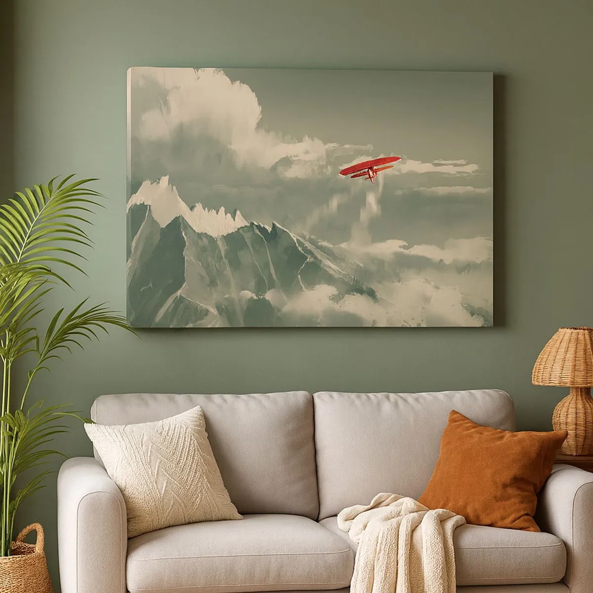 Tablou pe pânză Canvas - Avion roșu peste munți acoperiți de zăpadă - 70x50cm - Un pionier neînfricat - Decorațiune modernă pentru perete pentru living și dormitor ARTTOR