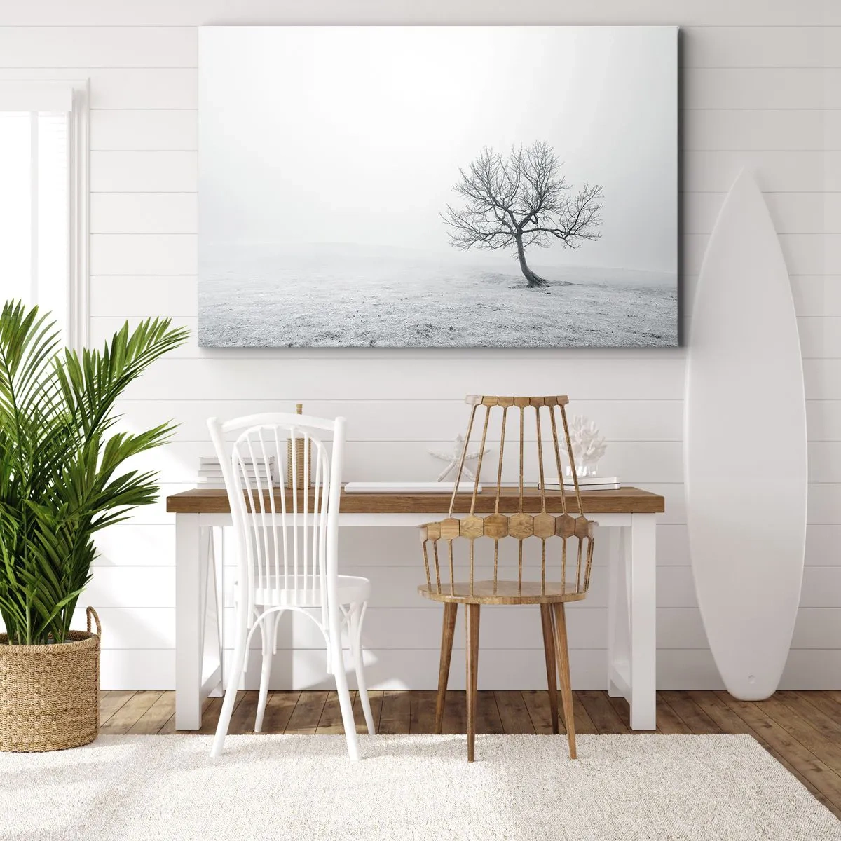 Tablou pe pânză Canvas - Un copac singuratic în ceața de iarnă, într-un câmp gol - 70x50cm - Împotriva neantului - Decorațiune modernă pentru perete pentru living și dormitor ARTTOR