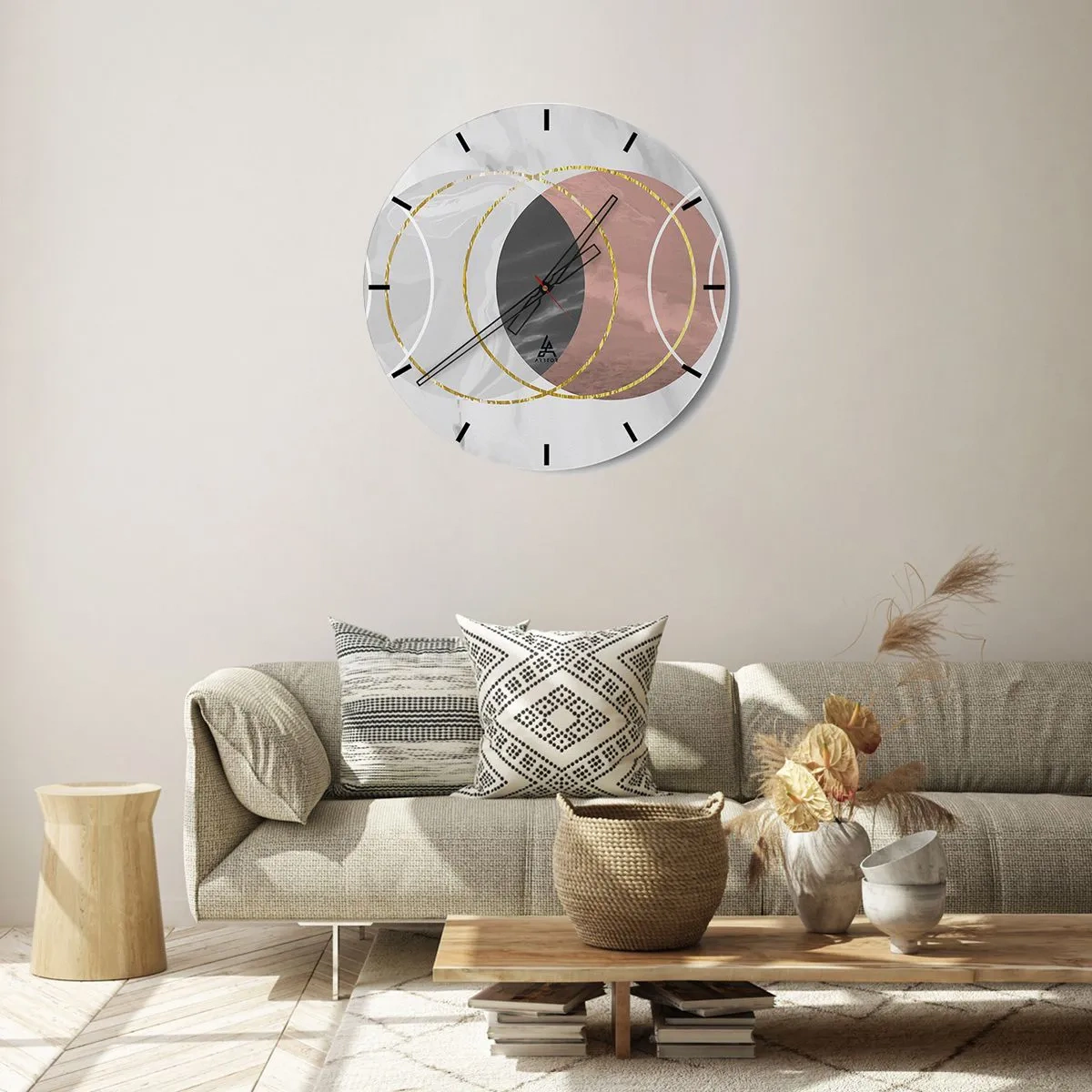 Ceas de perete - Ceas pe sticlă - Cercuri geometrice în nuanțe de gri și cupru cu accente aurii - 30x30cm - Muzica sferelor - Decorațiune modernă pentru perete pentru living, bucătărie și dormitor ARTTOR