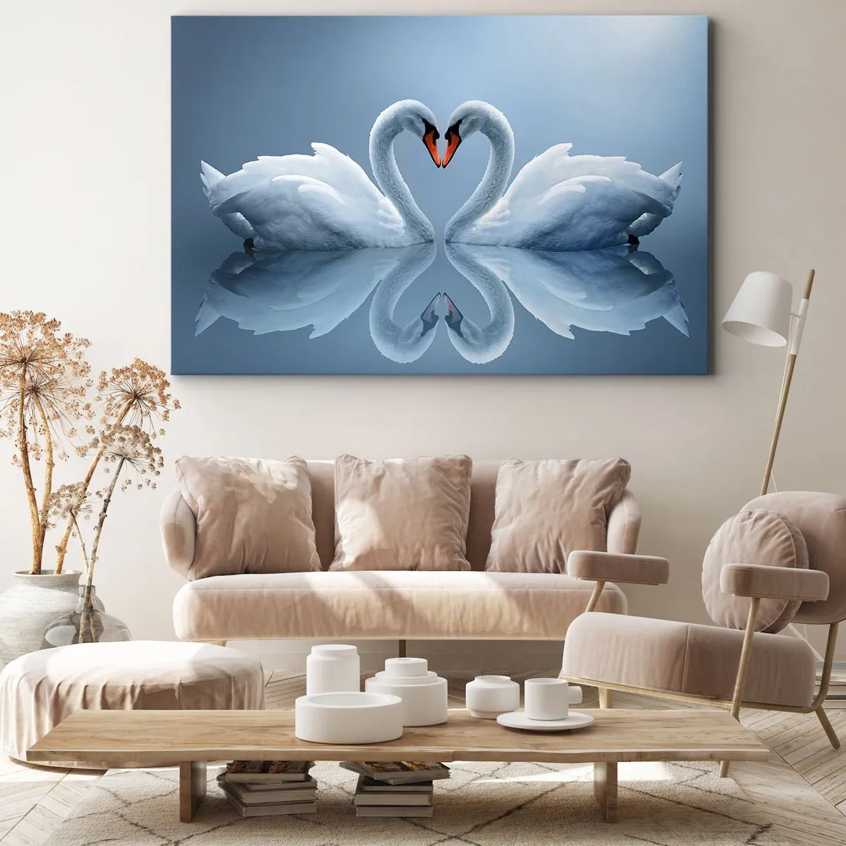 Tablou pe pânză Canvas - Două lebede formând o inimă pe o suprafață calmă a apei - 70x50cm - Timp pentru dragoste - Decorațiune modernă pentru perete pentru living și dormitor ARTTOR