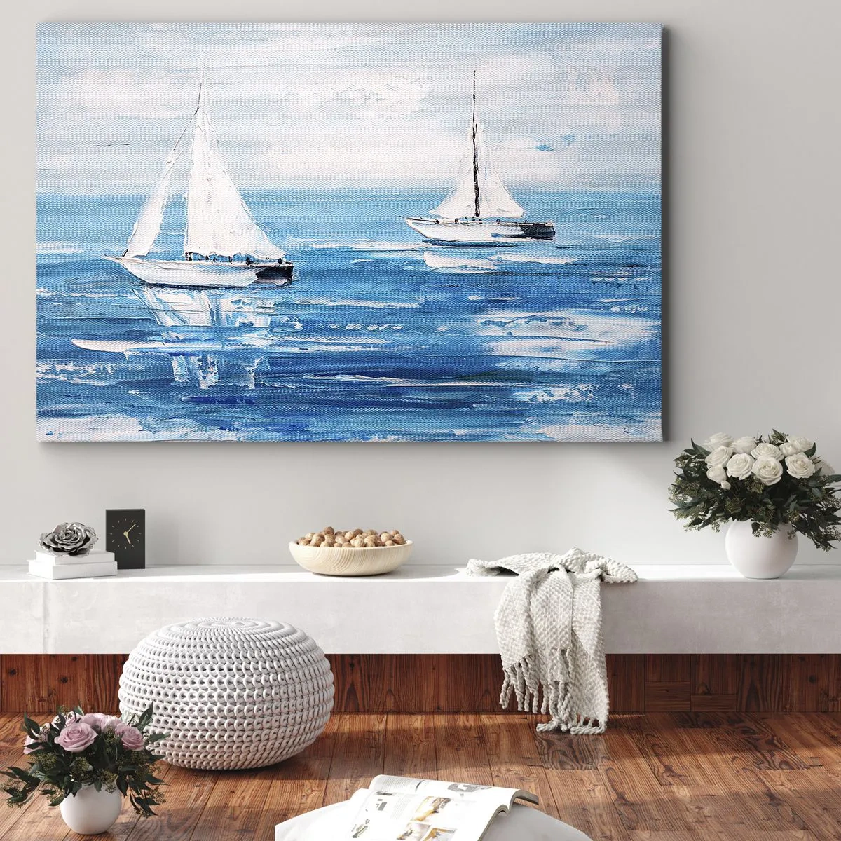 Tablou pe pânză Canvas - Iahturi pe marea albastră într-un stil artistic - 70x50cm - Cu un prieten alături de tine - Decorațiune modernă pentru perete pentru living și dormitor ARTTOR
