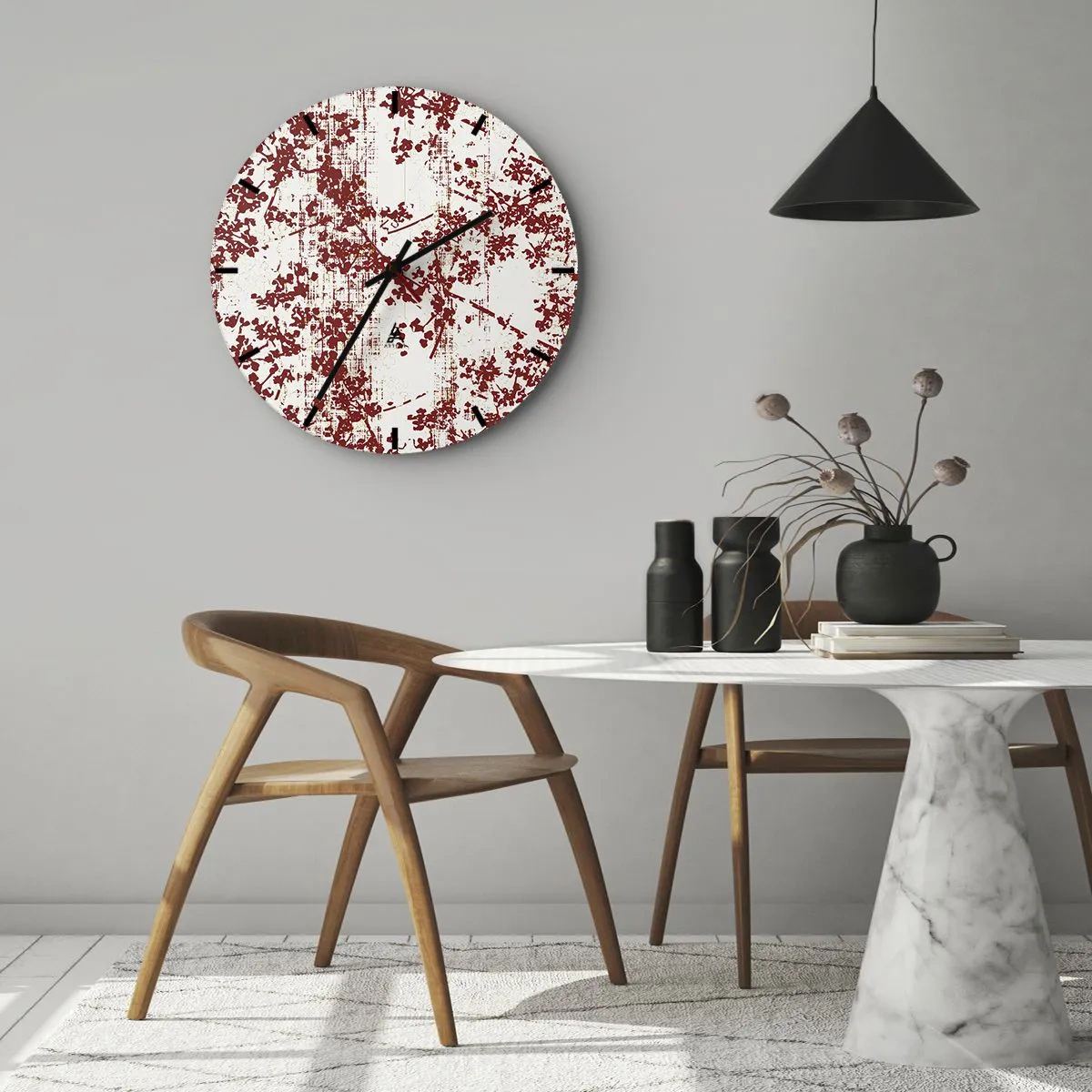 Ceas de perete - Ceas pe sticlă - Model floral roșu pe fundal alb în stil vintage - 30x30cm - Ca un percal vechi - Decorațiune modernă pentru perete pentru living, bucătărie și dormitor ARTTOR