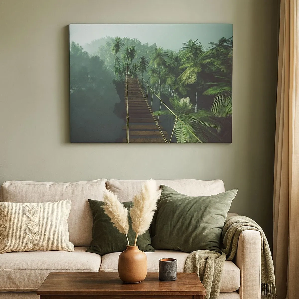 Tablou pe pânză Canvas - Un pod suspendat într-o pădure tropicală înconjurat de ceață. - 70x50cm - Deasupra cazanului verde - Decorațiune modernă pentru perete pentru living și dormitor ARTTOR