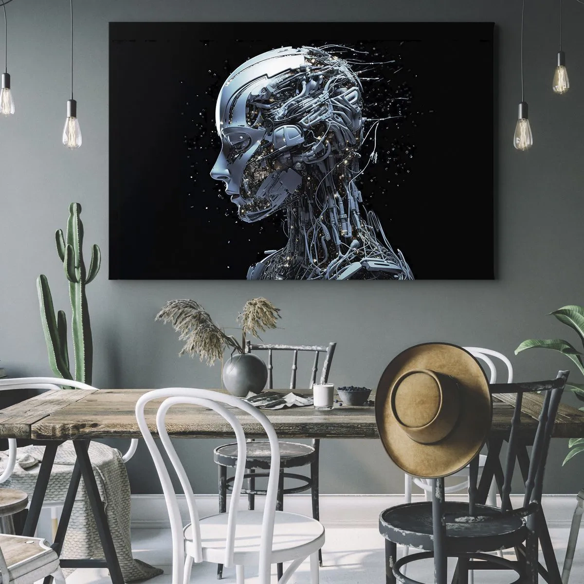 Tablou pe pânză Canvas - Portret futurist al unui cyborg în stil industrial pe fundal negru. - 70x50cm - Tehnologia este o femeie - Decorațiune modernă pentru perete pentru living și dormitor ARTTOR