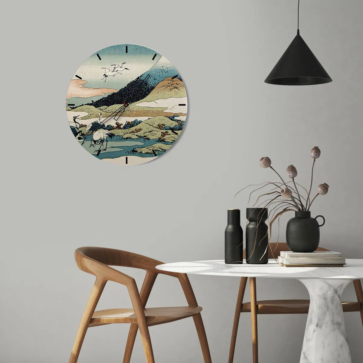 Ceas de perete - Ceas pe sticlă - Scenă japoneză cu păsări pe fundalul unui peisaj montan - 30x30cm - În mod japonez - Decorațiune modernă pentru perete pentru living, bucătărie și dormitor ARTTOR