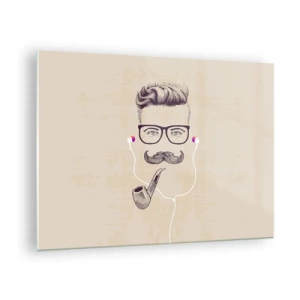 Tablou pe sticlă - Un desen al unui bărbat stilizat cu ochelari, mustață și pipă. - 70x50cm - Un bărbat adevărat? - Decorațiune modernă pentru perete pentru living și dormitor ARTTOR
