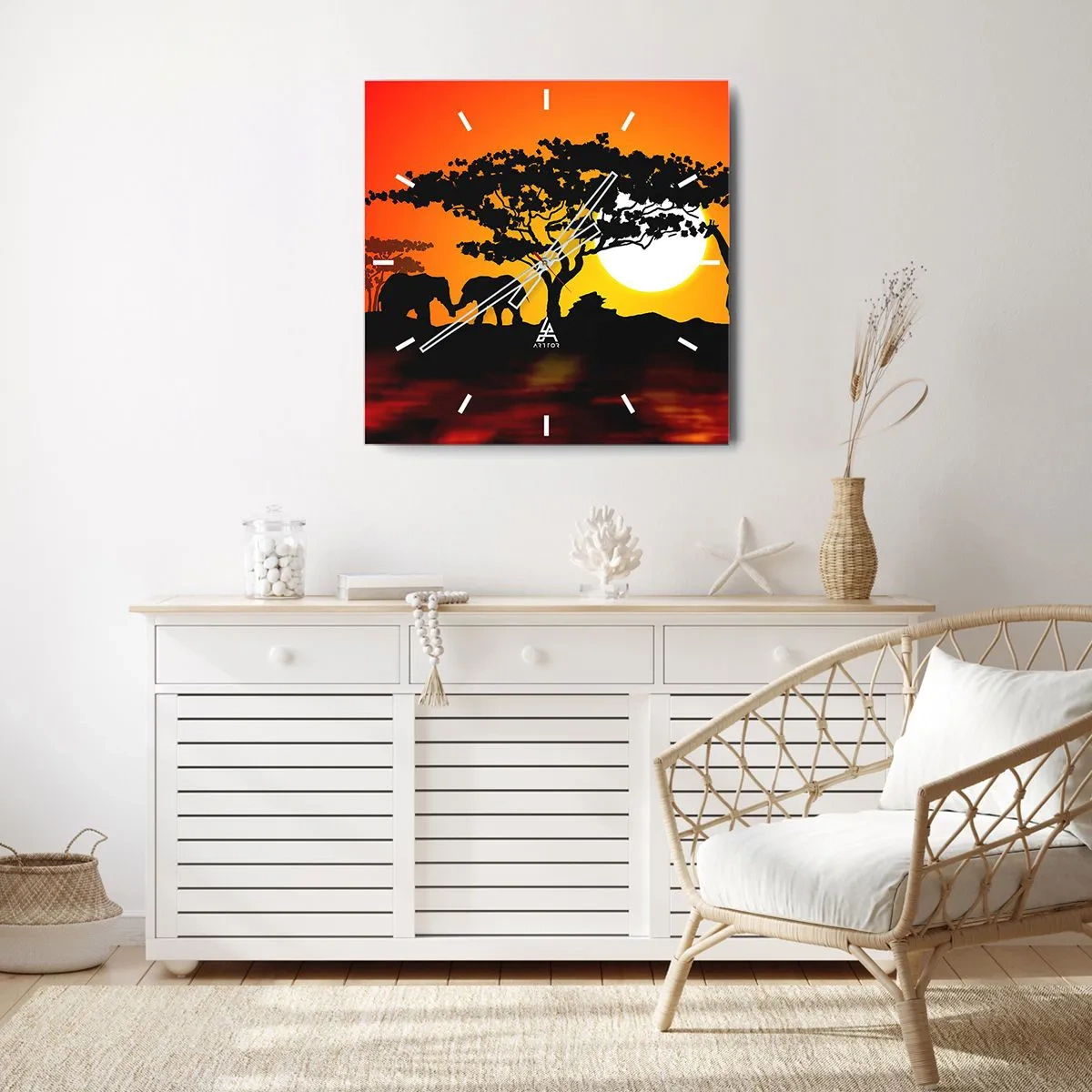 Ceas de perete - Ceas pe sticlă - Întâlnire în savană - 40x40 cm