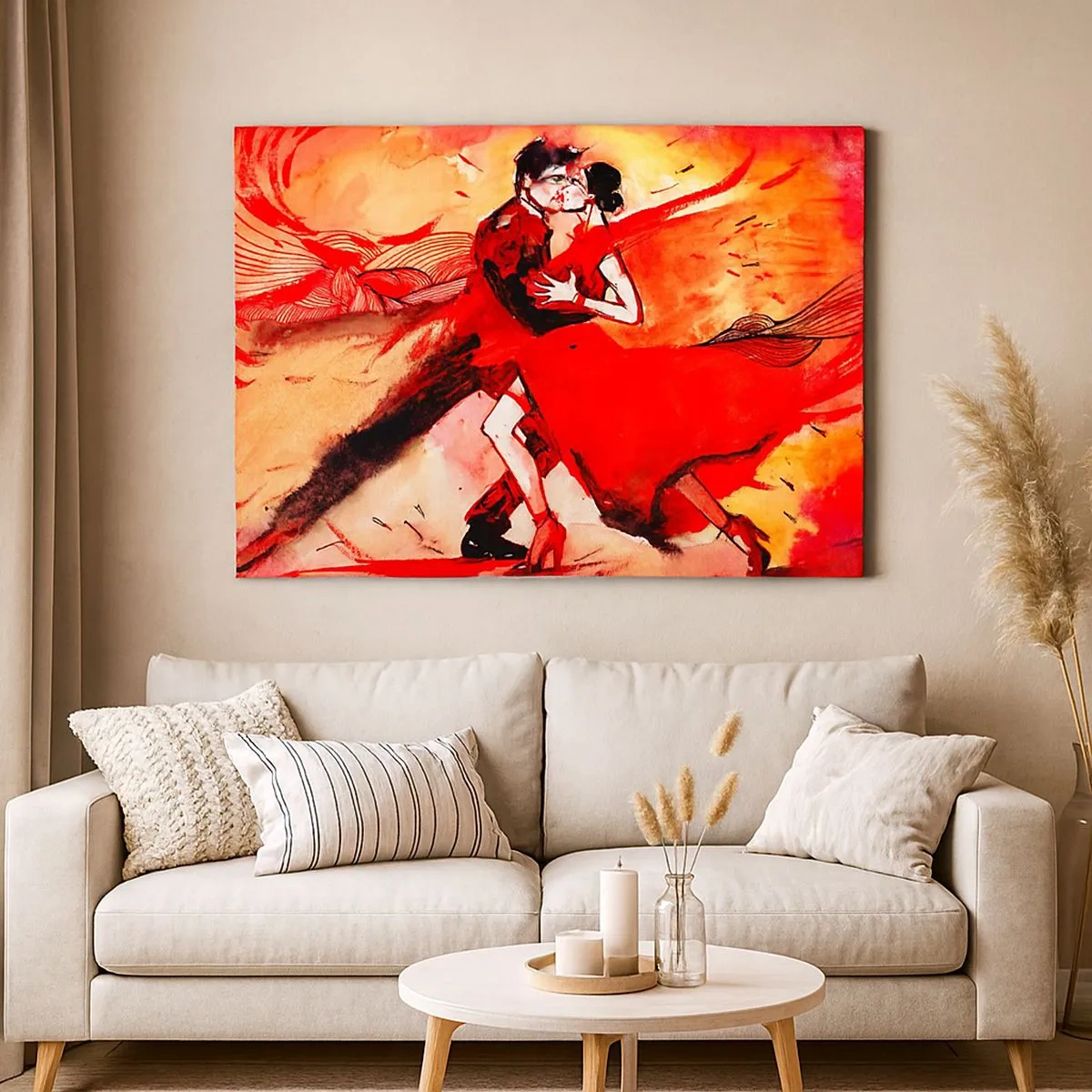 Tablou pe pânză Canvas - Un cuplu dansând tango în tonuri de roșu pe un fundal dinamic. - 70x50cm - Ritmul pasiunii purpuriu - Decorațiune modernă pentru perete pentru living și dormitor ARTTOR