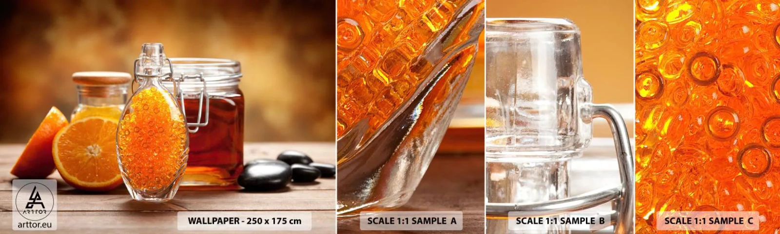 Mostră tapet autocolant Deluxe Sticker - Gust și aromă de soare - Gastronomie, Portocale, Borcan cu Miere - 100x30 cm