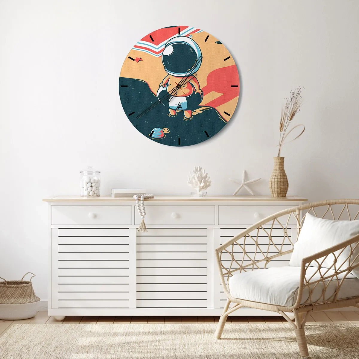 Ceas de perete - Ceas pe sticlă - Astronaut pe un fundal spațial în stil retro - 30x30cm - Dintr-o perspectivă diferită - Decorațiune modernă pentru perete pentru living, bucătărie și dormitor ARTTOR