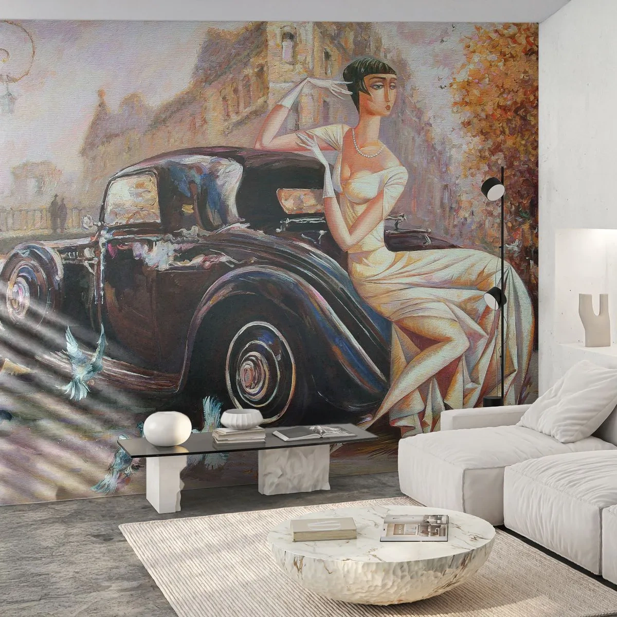 Tapet Autoadeziv Deluxe Sticker - Eleganță retro - Mașină retro, Femeie, Palat - 250x175 cm