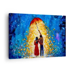Tablou pe pânză Canvas - Un cuplu sub o umbrelă roșie în ploaia luminoasă - 70x50cm - Magia unei seri ploioase? - Decorațiune modernă pentru perete pentru living și dormitor ARTTOR