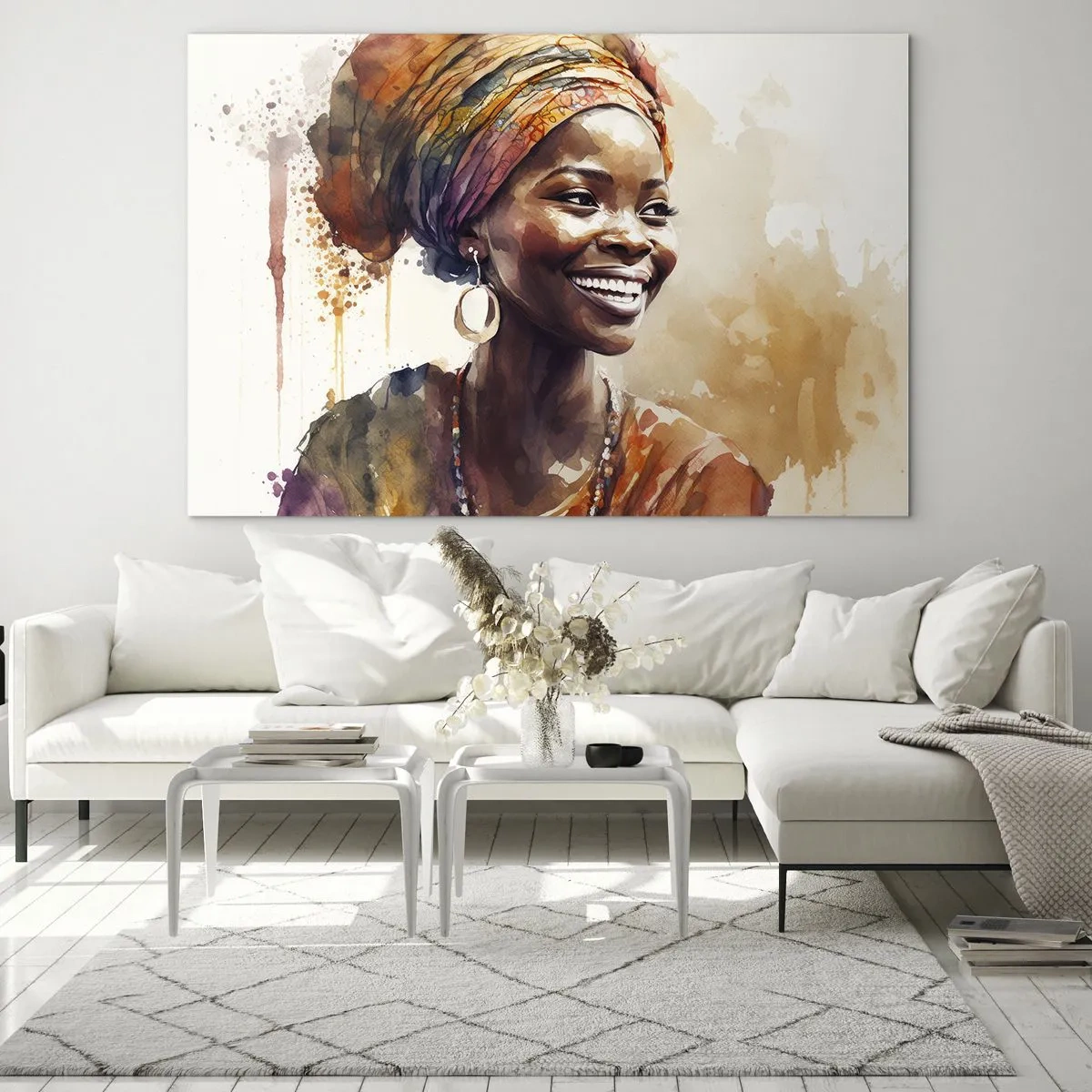 Tablou pe sticlă - Portret în acuarelă al unei femei zâmbitoare cu turban - 70x50cm - Regina africană - Decorațiune modernă pentru perete pentru living și dormitor ARTTOR