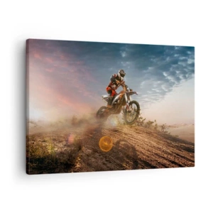 Tablou pe pânză Canvas - Motociclist în dune la apus - 70x50cm - Pentru victorie - Decorațiune modernă pentru perete pentru living și dormitor ARTTOR