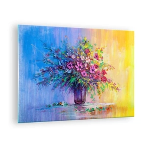 Tablou pe sticlă - Un buchet colorat de flori într-o vază pe un fundal abstract - 70x50cm - Darul unei pajiști de vară - Decorațiune modernă pentru perete pentru living și dormitor ARTTOR