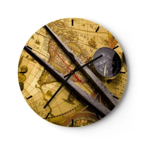 Ceas de perete - Ceas pe sticlă - Hartă antică cu busolă și busolă - 30x30cm - Unde sunt aceste comori? - Decorațiune modernă pentru perete pentru living, bucătărie și dormitor ARTTOR