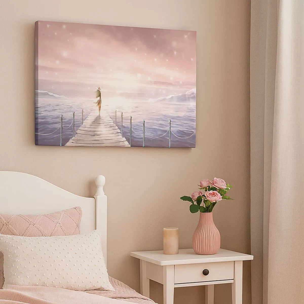 Tablou pe pânză Canvas - O femeie pe un dig într-un apus de soare magic - 70x50cm - În lumina unui vis - Decorațiune modernă pentru perete pentru living și dormitor ARTTOR
