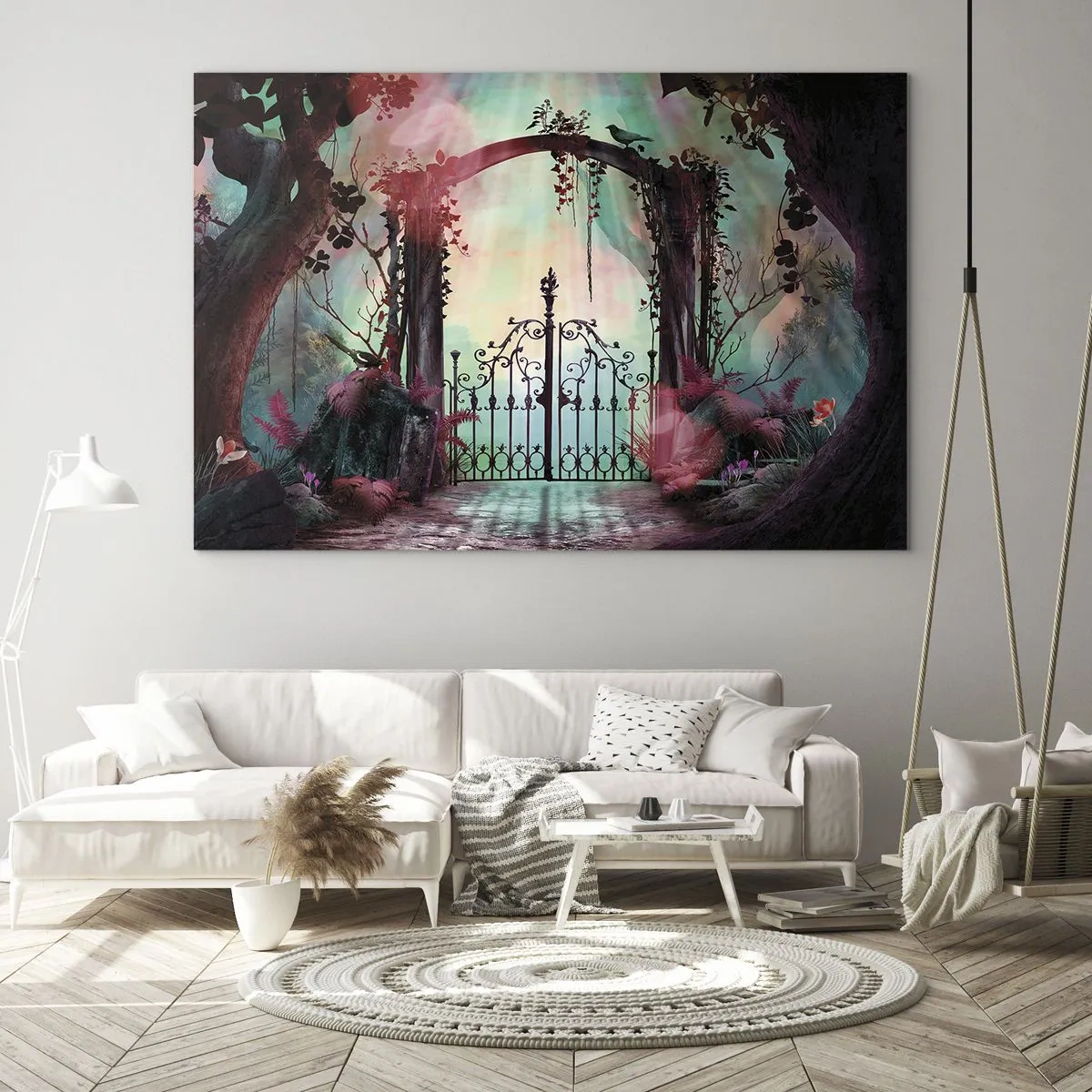 Tablou pe sticlă - Porți magice într-o pădure de basm - 70x50cm - Grădina secretă - Decorațiune modernă pentru perete pentru living și dormitor ARTTOR