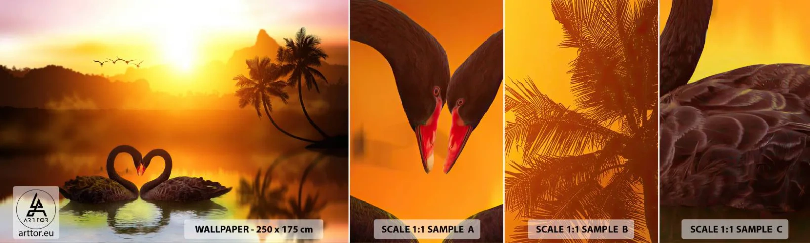 Mostră tapet autocolant Deluxe Sticker - Fiecare cu pereche - inima, Lebedele, Palmier de nuca de cocos - 100x30 cm
