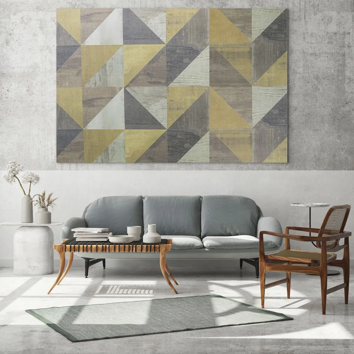 Tablou pe sticlă - Model geometric de triunghiuri în culori discrete - 70x50cm - La unghiul triunghiului - Decorațiune modernă pentru perete pentru living și dormitor ARTTOR