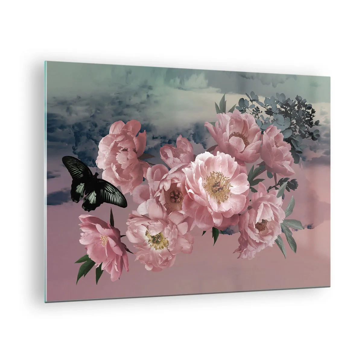 Tablou pe sticlă - Bujori roz cu un fluture pe cer - 70x50cm - Apogeul romantismului - Decorațiune modernă pentru perete pentru living și dormitor ARTTOR