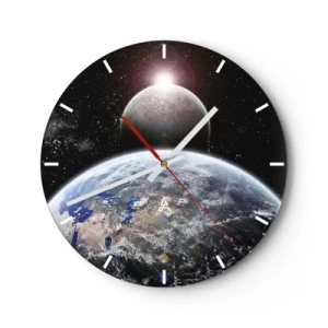 Ceas de perete - Ceas pe sticlă - Pământul și Luna în spațiu - 30x30cm - Peisaj cosmic - răsărit de soare - Decorațiune modernă pentru perete pentru living, bucătărie și dormitor ARTTOR