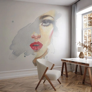 Tapet Premium Sand - Reflecție într-o picătură de apă - Chipul de femeie, Femeie, buze rosii - 100x70 cm