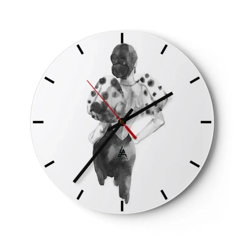 Ceas de perete - Ceas pe sticlă - Ilustrație alb-negru a unei femei într-o rochie elegantă - 30x30cm - A trecut chiar pe lângă noi - Decorațiune modernă pentru perete pentru living, bucătărie și dormitor ARTTOR