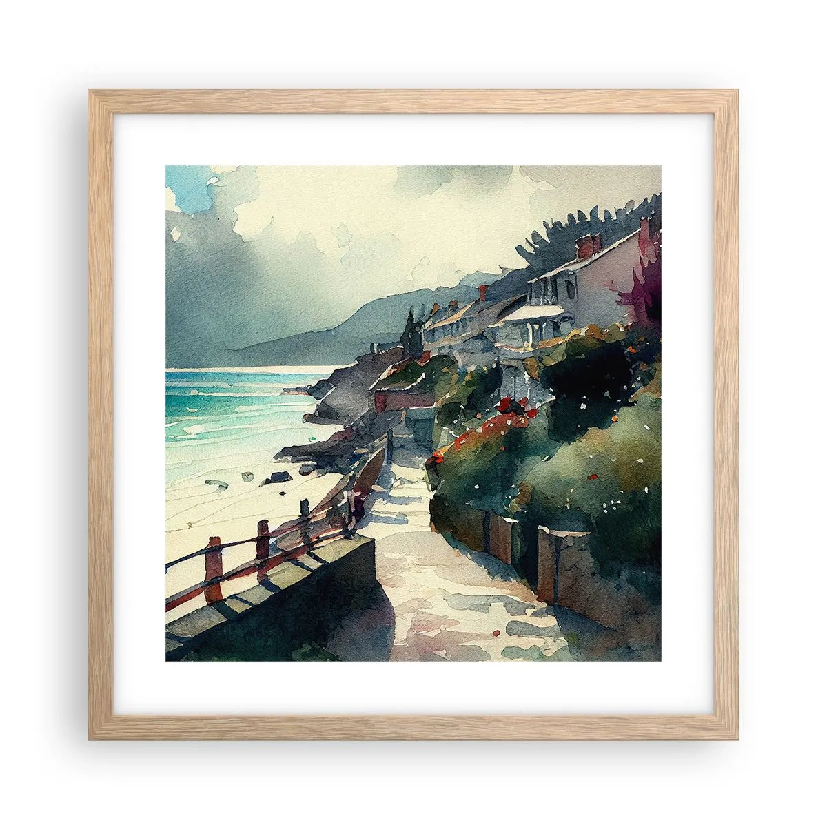 Poster în ramă de stejar deschis - Orășel mediteraneean - 40x40 cm