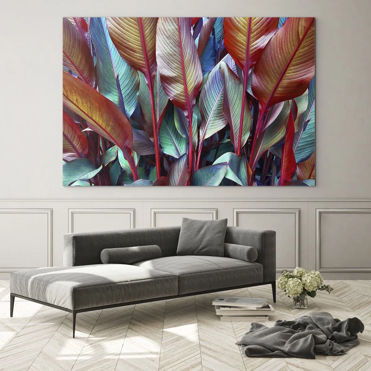 Tablou pe sticlă - Un desiș colorat de frunze în nuanțe de roșu, verde și violet - 70x50cm - Tufiș colorat - Decorațiune modernă pentru perete pentru living și dormitor ARTTOR