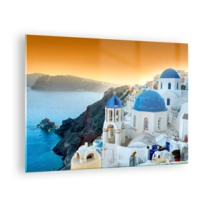 Tablou pe sticlă - Vedere a insulei Santorini cu cupolele și stâncile sale albastre - 70x50cm - Santorini - îmbrățișat de stânci - Decorațiune modernă pentru perete pentru living și dormitor ARTTOR